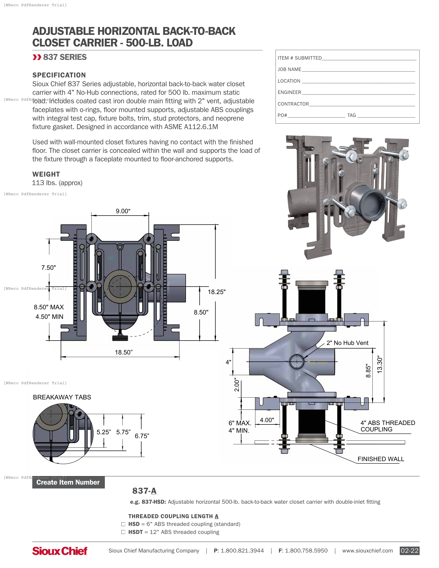 837-HSD - CLOSET CARRIER - SPEC SHEET.PDF Specification Document